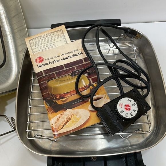 VINTAGE‎ 70s HOOVER STAINLESS STEEL YELLOW FRY PAN WITH BROILER LID - Picture 8 of 16